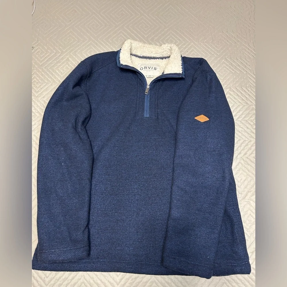 Orvis Men’s M Sherpa Lined Quarter Zip Navy Fleece Pullover Warm Outdoor Size M